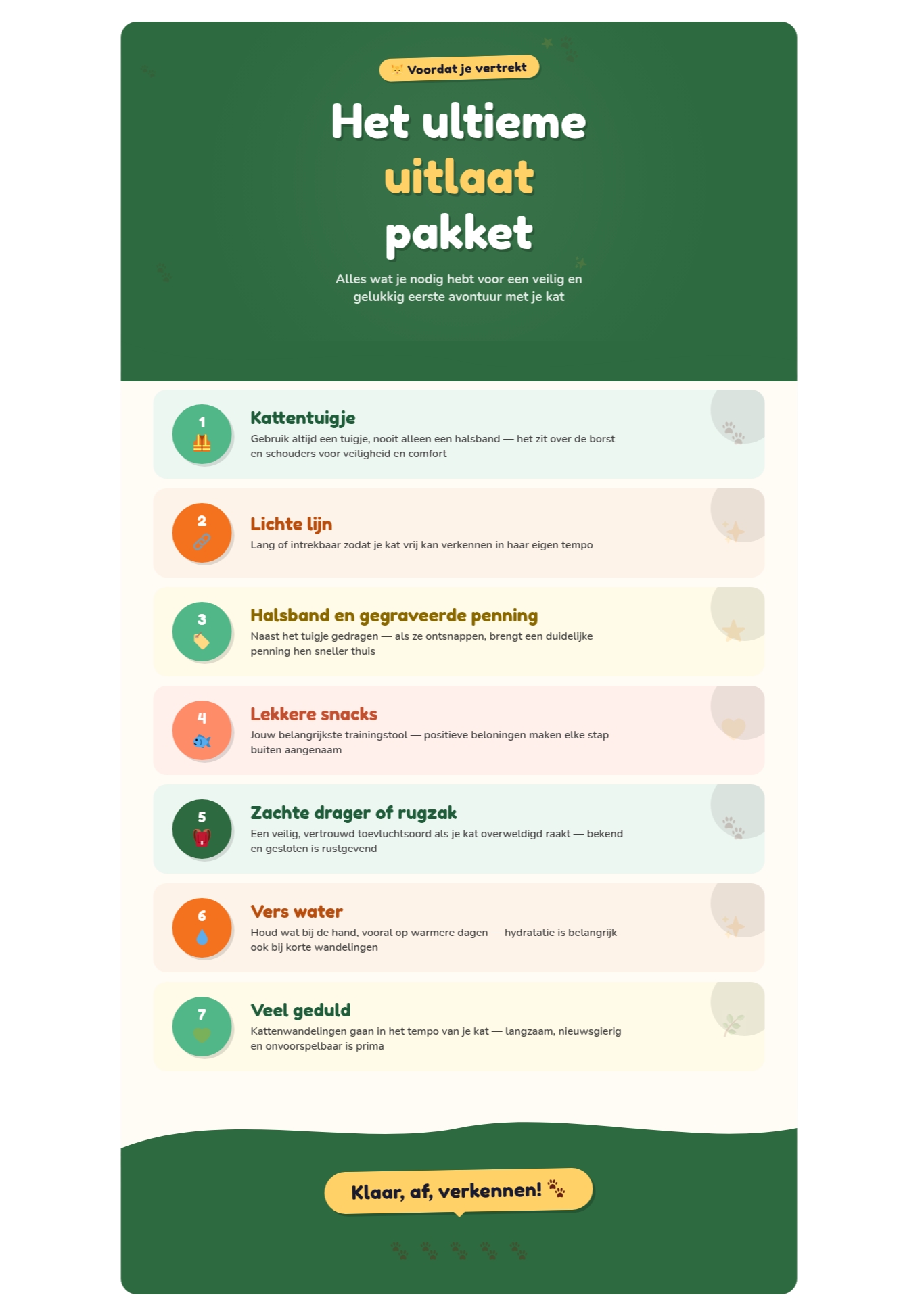 Infographic met checklist voor een eerste kattenuitje: tuigje, lijn, halsband met penning, snacks, drager, water en geduld